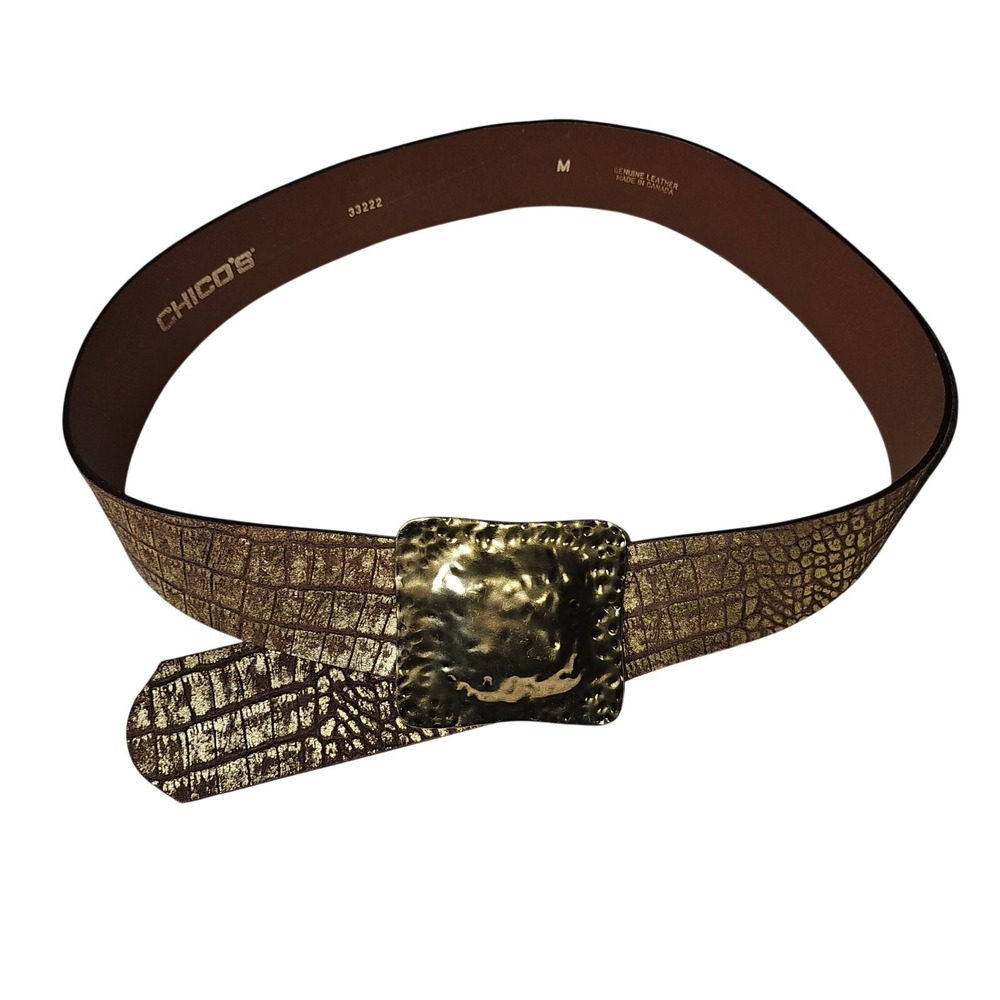 Chicos Wide Leather Belt with Large Buckle Metallic Print Medium